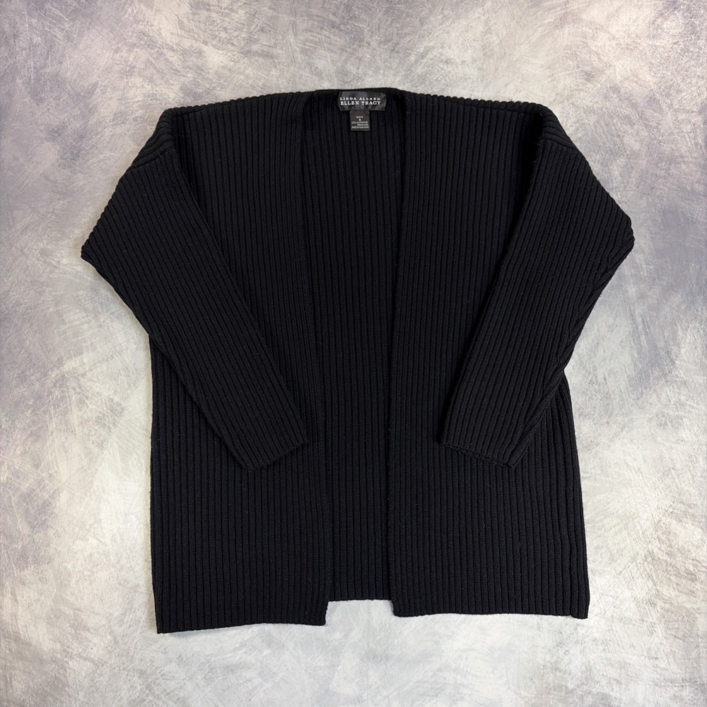 Vintage Linda Allard Ellen Tracy Cardigan Womens Petite S Black Merino Ribbed